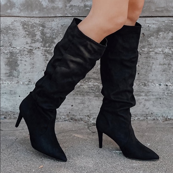 Lulus Shoes - Black Suede Pointed-Toe Knee High Boots
